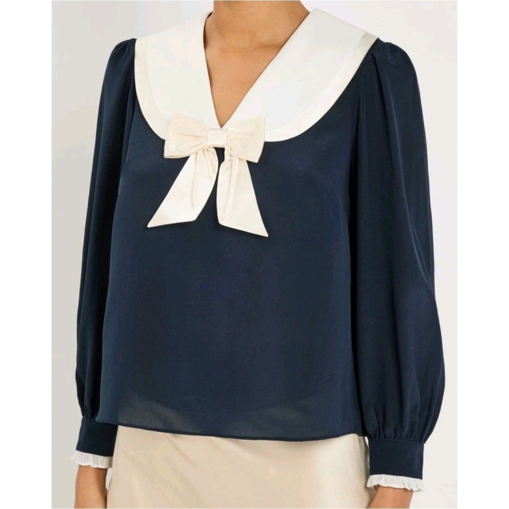 RIXO Eimer Womens Silk Blouse S UK 10 US 6 Navy Ivory Bow Peter Pan Collar NWT